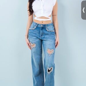Embellished Heart Cutout Blue Jeans
